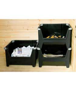 3 jumbo, heavy duty, 80 litre, multi-purpose stacking storage bins. Size each (H)37, (W)59, (D)49cm.