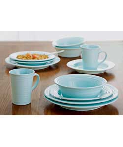 4 place settings. Set contains 4 dinner plates, 4 side plates, 4 bowls and 4 mugs. Dinner plate diam