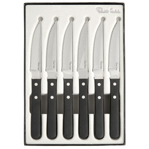 Set of 6 steak knives with stainless steel blades and black synthetic handles. Robert Welch R.D.I., 