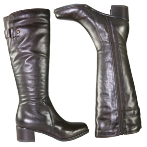 A knee length boot from Jones Bootmaker. With decorative strap and metal loop detail around back of 