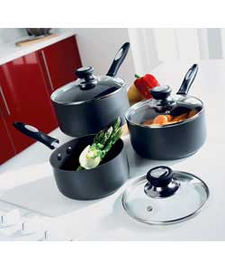 Toughened grey aluminium with teflon classic coating and glass lids.Set comprises 3 pans of 16cm, 18