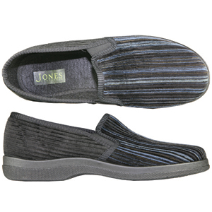 A classic full slipper from Jones Bootmaker. With twin elastic gussets to vamp and ribbed finish to 