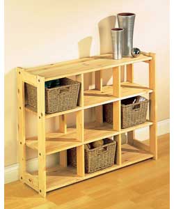 9 shelves for storage plus a top shelf. Natural so