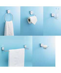 Comprises towel rail, towel ring, toilet roll holder, toothbrush holder with glass tumbler, and