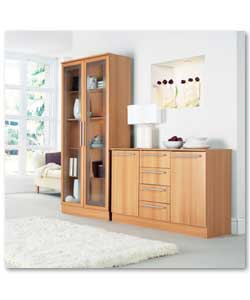 Beech effect. Long bar handles. 2 glass doors. 4 internal shelves. 3 shelves are glass trimmed with