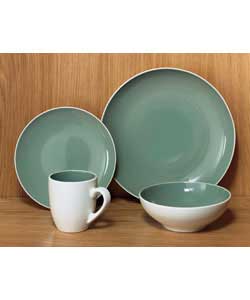 4 place settings. Set contains 4 dinner plates, 4 side plates, 4 bowls and 4 mugs. Dinner plate diam