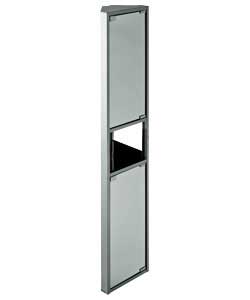 Wall mounted.2 mirrored doors, 1 external shelf and 2 internal shelves. Fixtures and fittings not in