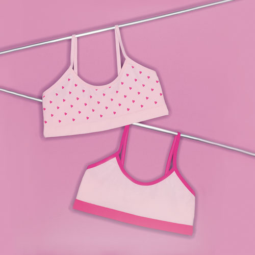 Set of 2 crop tops: 1 x pale pink with dark pink edging and 1 x pale pink with a dark pink hearts de