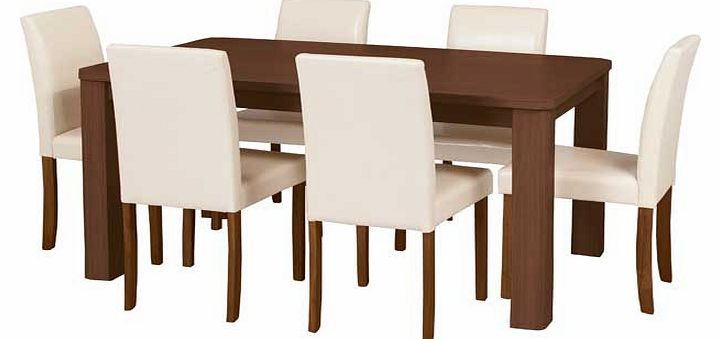 This real wood veneer dining table with 6 cream leather effect chairs is a neat dining set. perfect for families. The chunky design adds a contemporary twist to a classic style. Part of the Swanley collection. Table: Size H75. L150. W90cm. Wood table