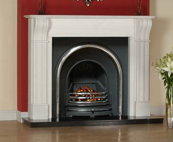 Dublin Corbel Surround in White Marble.
Constantine Cast Back Panel.
Black Granite 54`` Hearth.
XL