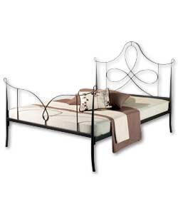 Gunmetal coloured frame with looped detail in headboard and simple footboard design. Gauge luxury