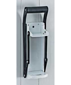 Wall mounted.Hand operated, black and white aluminium can crusher.Light duty.Wall fittings included.