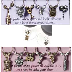 A witty set of metal tags to attach to wine glasse