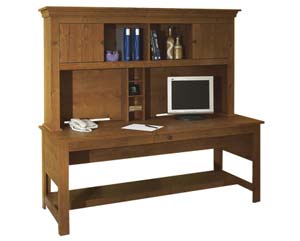 Wide free standing desk with storage hutch. Concealed pull out keyboard shelf. Desktop storage