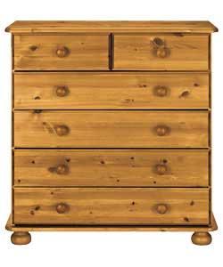 Scandinavian solid pine (except backs and drawer bases) with an antique stain. Turned bun feet and