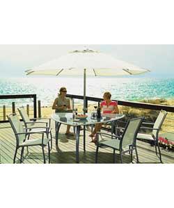 Table size (H)71, (L)168cm. Includes 2.84m parasol.Parasol (H)2.35m.Home delivery only