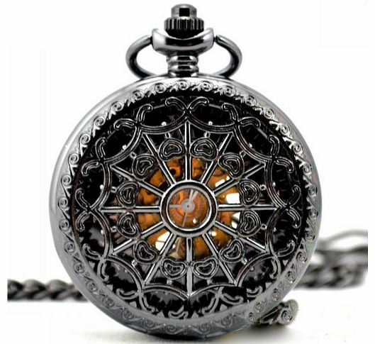 Vantasy Classic Antique Roman Half Hunter Black Steel Metal Hollow Skeleton Hand Wind Mechanical Pocket Watch Long Chain Value Quality