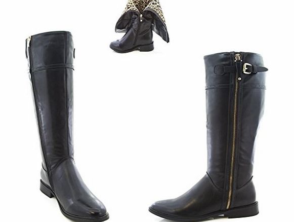 Vconcal TM) LADIES WOMENS MID CALF RIDING GOLDEN ZIP BUCKLE CHELSEA LONG WINTER BOOTS SHOES