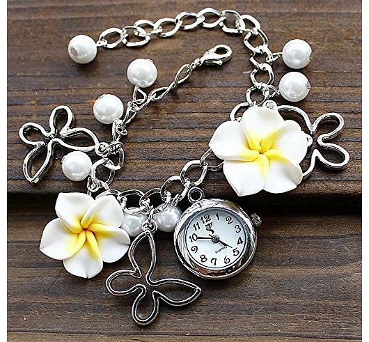 Vktech Lady Women Flower Butterfly Bracelet Quartz Wristwatch Watch Jewelery Gift (White)