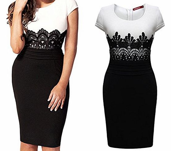 Vktech Women Sexy Tight Dress Short Sleeve Lace Splicing Evening Gown OL New (M)