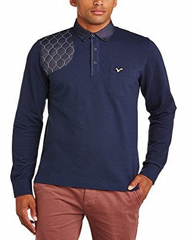 VOI  Jeans Mens Ogden Checkered Button Front Long Sleeve Polo Shirt, Blue (Black Iris), Small