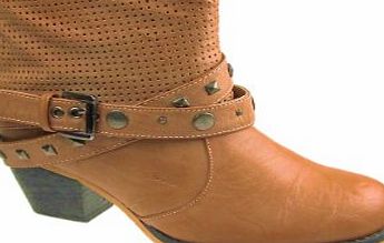 VOLTAGE LADIES COWBOY ANKLE BOOTS INSIDE ZIP STUD BUCKLE DETAIL TAN (8, Tan)