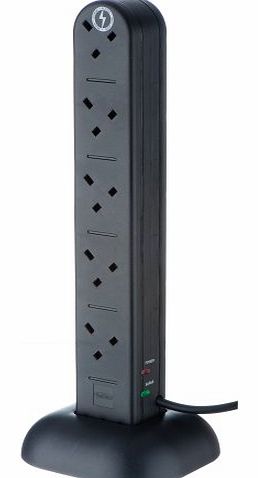 VonHaus 10 Way 2 metre Surge Protected Mains Power Extension Lead Tower Cord / Multi Socket Lead - Black