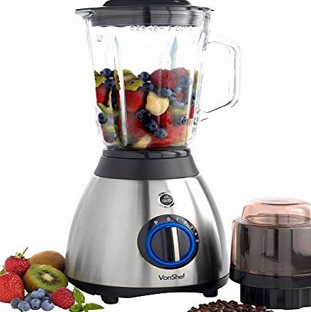 VonShef Premium Jug 600W Blender & Grinder with 1.5L Glass Jug - Pulse & Ice Crushing Function and M