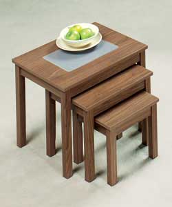 Walnut Finish and Glass Nest Set of Three Tables