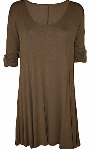 WearAll Womens Plus Size Scoop Neck Short Sleeve Flared Ladies Long Plain Top - Mocha - 20