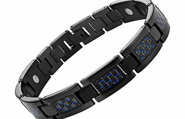 Willis Judd Mens Black Titanium Magnetic Bracelet With Blue Carbon Fibre In Black Velvet Gift Box   Free Link Removal Tool