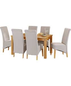 Windsor Oak Finish Dining Table and 6 Cream