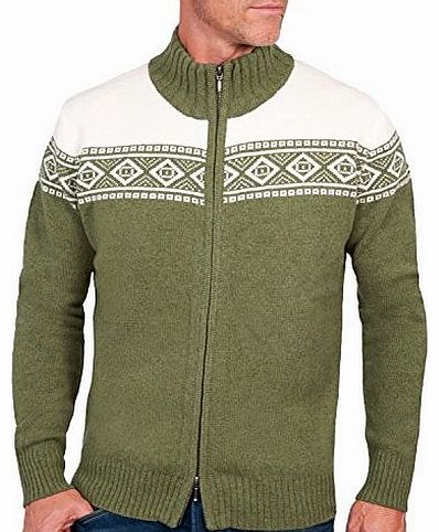 Woolovers Wool Overs Mens Lambswool Fair Isle Zip Cardigan Sage/Cream Medium