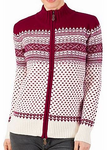 Woolovers Wool Overs Womens Lambswool Fair Isle Christmas Zip Cardigan Wine / Cream Extra Extra Large