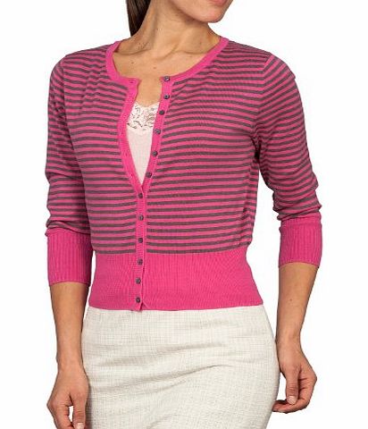 Woolovers Wool Overs Womens Silk amp; Cotton Stripe Cropped Crew Cardigan Cerise/Brown Marl Medium