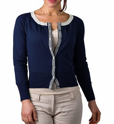 Woolovers Wool Overs Womens Silk amp; Cotton Trimmed Cropped Cardigan Navy/White Large