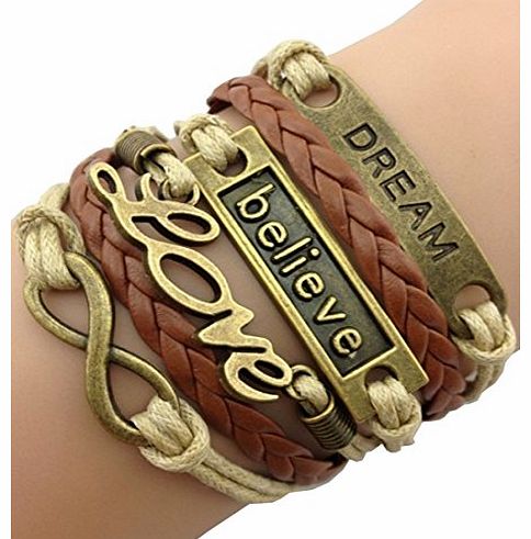 WOW Women Vintage Retro Dream Love Believe Infinity DIY Leather Braided Woven Couple Bracelet (Brown)