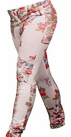 XFashion Womens Denim Look One Size Jeggings White Fashion Flowers