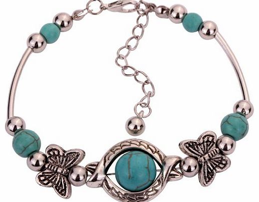 YAZILIND  Vintage Tibetan Silver Rimous Green Turquoise Inlay Butterfly Bead Bangle Bracelet