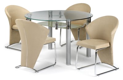 Your Price Furniture.co.uk Rotunda Beige Faux Suede, Chrome and Glass Extending Dining Set by Julian Bowen