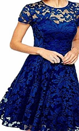 ZANZEA Womens Sexy Round Neck Short Sleeve Lace Princess Dress Party Ball Gown Blue Size S