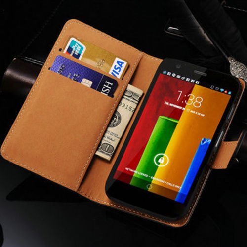 Zonewire BLACK GENUINE LEATHER WALLET FLIP CASE COVER FOR MOTOROLA MOTO G 2ND GEN 2014 VERSION 2 & SCREEN