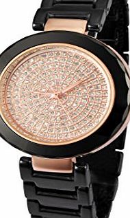 Luxury Ceramic Quartz Wrist Watch Female Fashion Camellia Diamond Ladies Women (Black)